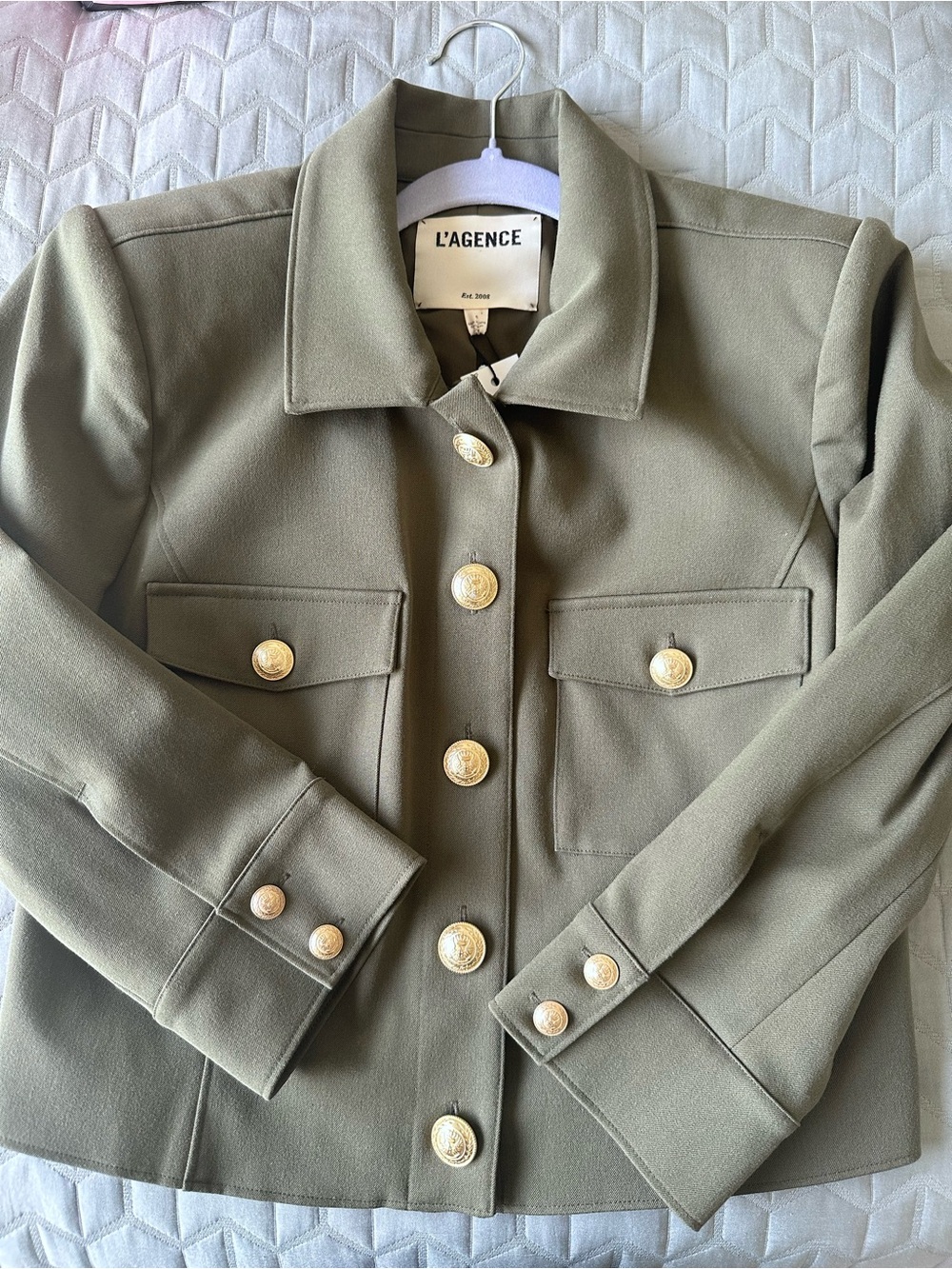 L'AGENCE Olive Military-Inspired Cropped Blazer with Gold Buttons - Picture 7 of 9